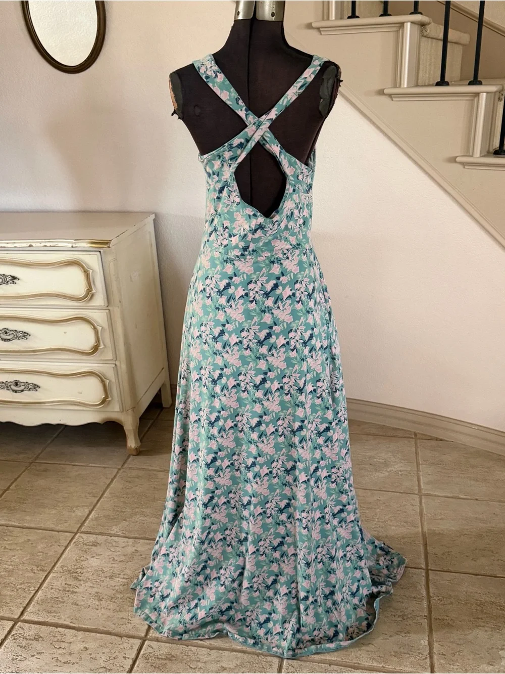 PACT Women’s Size L Organic Fit & Flare Open Back Maxi Dress Light Blue Floral - Picture 4 of 11